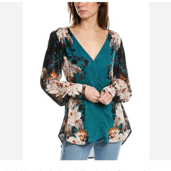 Free People Mikayla printed tunic Floral V-Neck Blouse Fairy grunge Boho sz S - Picture 2 of 11